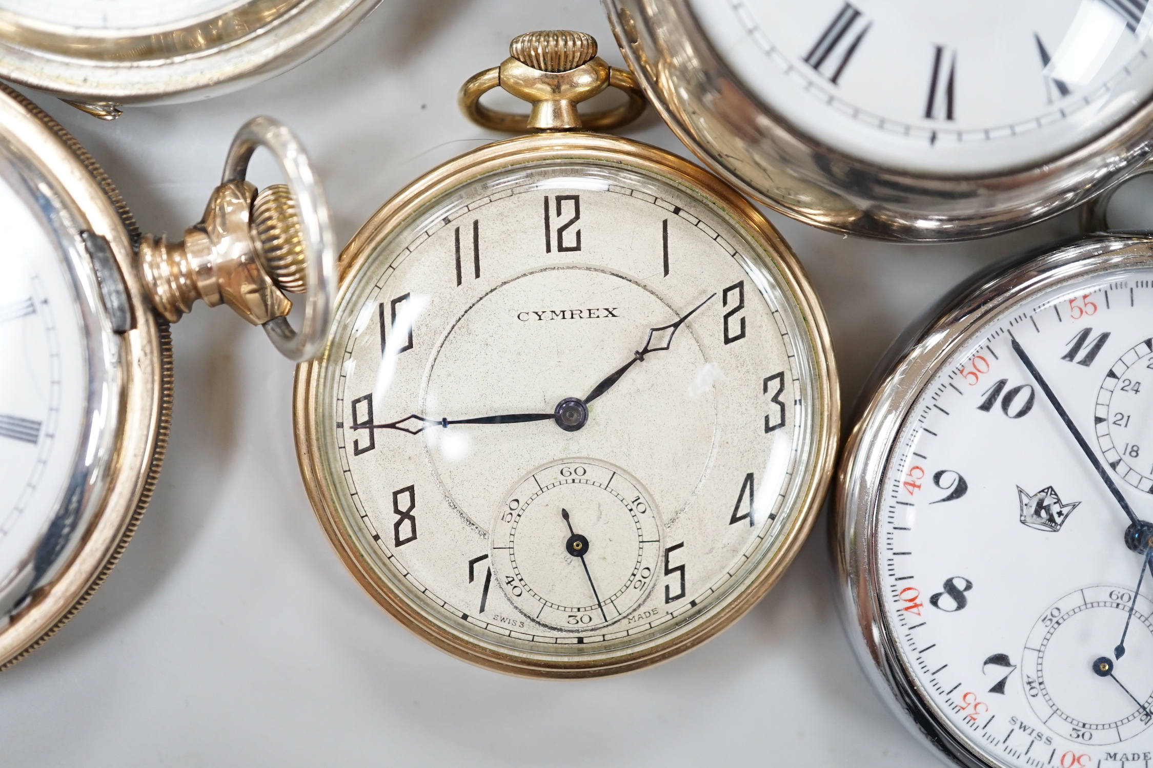 Eleven assorted silver or base metal pocket watches including Cymrex, Sun-Dial with decorated case and silver half hunter.